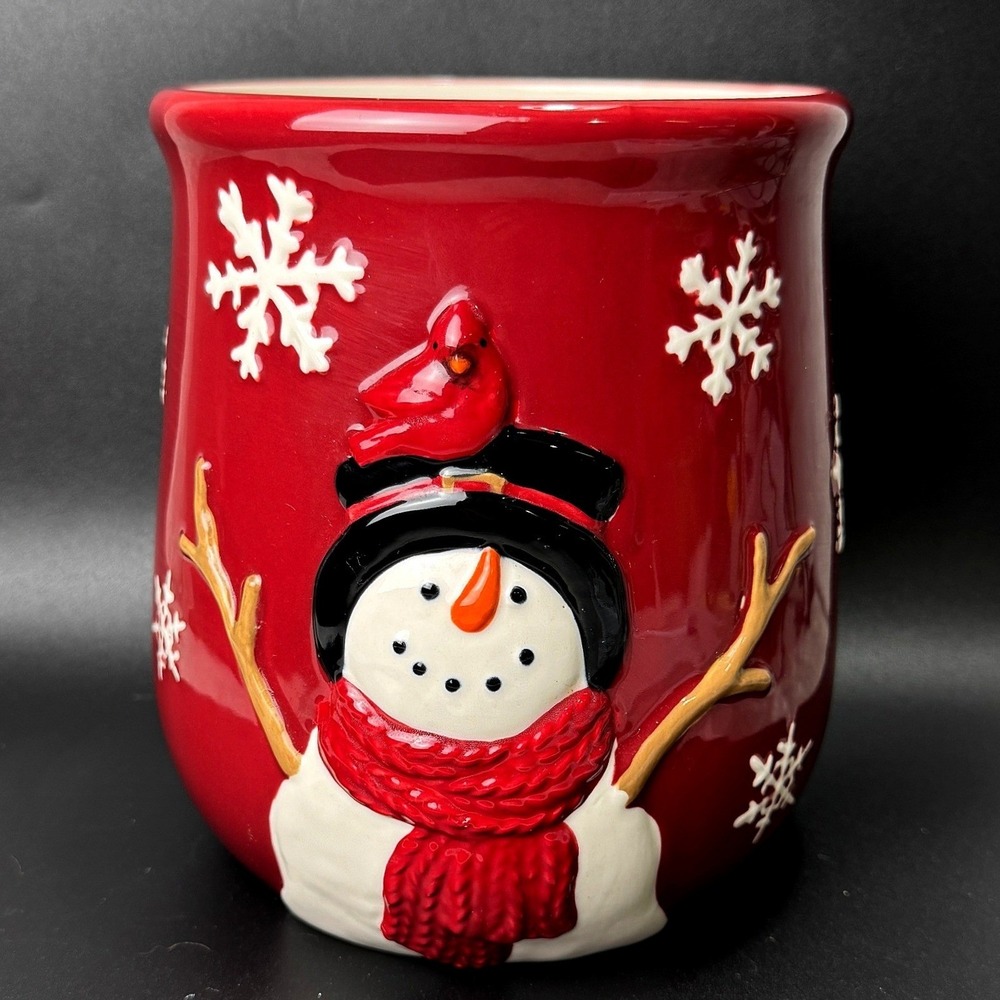 St Nicholas Square Yuletide Snowman Cardinal Utensil Crock Christmas Festive  7"